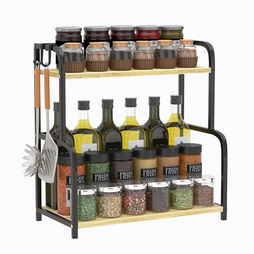 FEXPLENDID gewürzregal stehend, spice rack, küchenregal küchenregal arbeitsplatte, Holz und Stahl, 42x40x20.5cm, küche aufbewahrung & organisation, für Küche Bad und Büro, mit Haken von FEXPLENDID