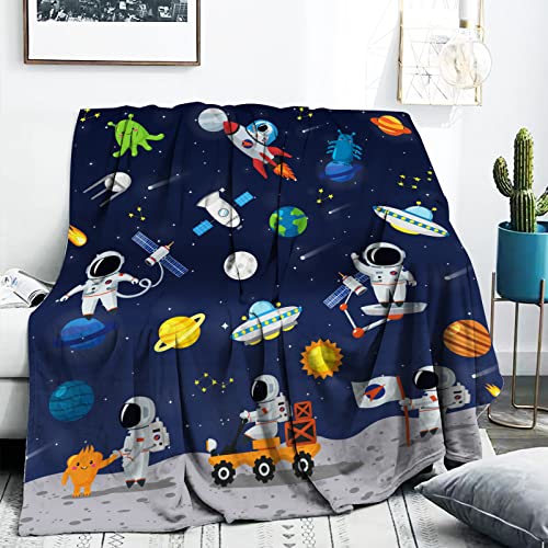 FEYG Weltraum Astronaut Decke für Baby Jungen Geschenk, Blau Astronaut Kuscheldecke für Jungen, Stern UFO Decke für Jungen, Weiche Flanell Stern Decke für Jungen Baby Dusche Geburtstag (102 x 127 cm) von FEYG