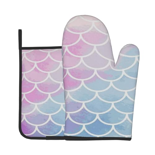FEYUNYAN Hitzebeständige, wasserdichte Ofenhandschuhe und Topflappen für Küche, Backen, Grillen, buntes Meerjungfrauen-Schuppen-Isolierset, langlebig, leicht zu reinigen, Backhandschuhe für Mikrowelle von FEYUNYAN