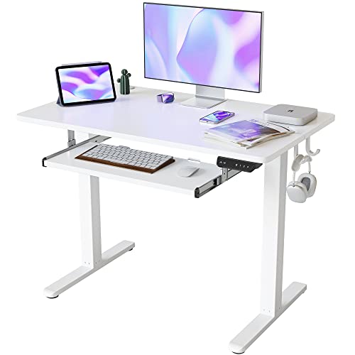 FEZIBO 100 x 60 cm Schreibtisch Höhenverstellbar Elektrisch mit Tastaturablage, Stehpult T-Beine aus Stahl mit 3-Funktions-Memory-Steuerung, Anti-kollisions System, Rollen, Weiß von FEZIBO