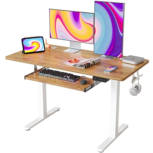 FEZIBO 120 x 60 cm Schreibtisch Höhenverstellbar Elektrisch mit Tastaturablage, Stehpult T-Beine aus Stahl mit 3-Funktions-Memory-Steuerung, Anti-kollisions System, Rollen, Hellbraun von FEZIBO