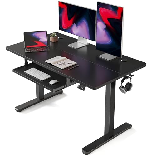 FEZIBO 120 x 60 cm Schreibtisch Höhenverstellbar Elektrisch mit Tastaturablage, Stehpult T-Beine aus Stahl mit 3-Funktions-Memory-Steuerung, Anti-kollisions System, Rollen, Schwarz von FEZIBO