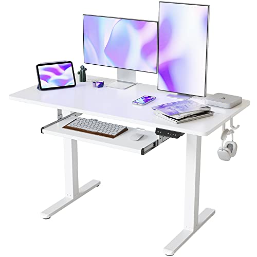 FEZIBO 120 x 60 cm Schreibtisch Höhenverstellbar Elektrisch mit Tastaturablage, Stehpult T-Beine aus Stahl mit 3-Funktions-Memory-Steuerung, Anti-kollisions System, Rollen, Weiß von FEZIBO