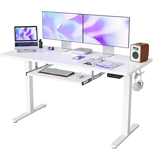 FEZIBO 140 x 60 cm Schreibtisch Höhenverstellbar Elektrisch mit Tastaturablage, Stehpult T-Beine aus Stahl mit 3-Funktions-Memory-Steuerung, Anti-kollisions System, Rollen, Weiß von FEZIBO