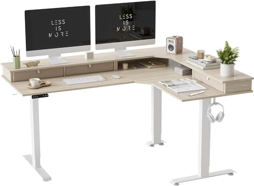 FEZIBO DREI Motoren Schreibtisch Höhenverstellbar Elektrisch mit 3 obere Schublade, L Form Stehpult, Links und rechts austauschbar, 160 x 120 cm eckschreibtisch, Weiß Rahmen/Heller Walnuss Tischplatte von FEZIBO