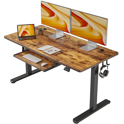 FEZIBO Elektrisch höhenverstellbarer großer Stehschreibtisch mit Tastaturablage, 140 x 61 cm, Geteilte Tischplatte, schwarzer Rahmen/rustikal-braune Tischplatte von FEZIBO