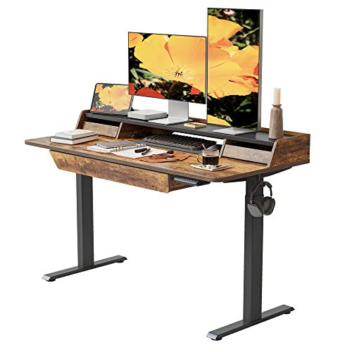 FEZIBO Elektrischer Stehschreibtisch, 140 x 65 cm Höhenverstellbarer Tisch, Ergonomische Büromöbel mit 3 Schubladen, Schwarzer Rahmen/Rustikale Braune Tischplatte von FEZIBO
