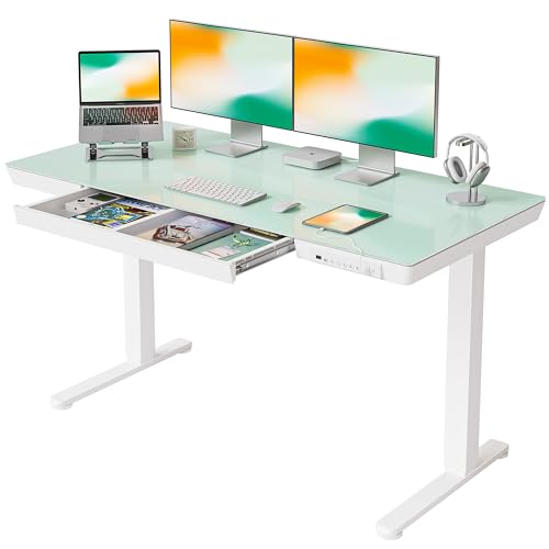 FEZIBO Elektrischer Stehschreibtisch mit Glasplatte, höhenverstellbar, 140 x 60 cm, Homeoffice-Tisch, mit USB-A- bis C-Ladeanschluss, Weißer Rahmen/Weiße Tischplatte FEZIBO Elektrischer Stehschreibtisch mit Glasplatte, höhenverstellbar, 140 x 60 cm, Homeoffice-Tisch, mit USB-A- bis C-Ladeanschluss, Weißer Rahmen/Weiße Tischplatte von FEZIBO