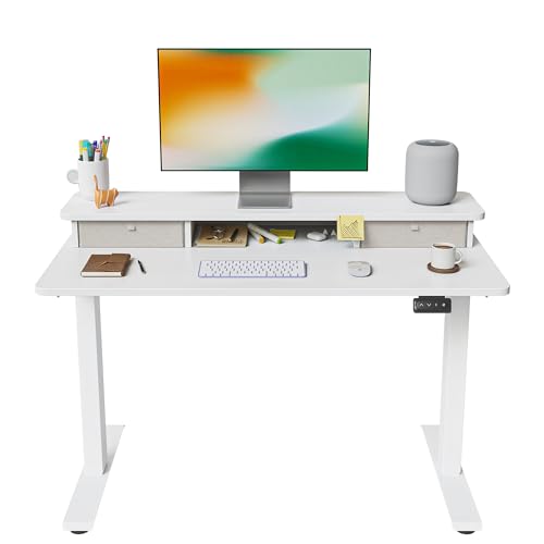 FEZIBO Höhenverstellbarer Elektrischer Stehtisch mit Doppelschublade, 100 x 60 cm Stehtisch mit Ablage, Sitz-Steh-Schreibtisch mit Verbindungsplatte, Weißer Rahmen/Weiße Oberfläche von FEZIBO