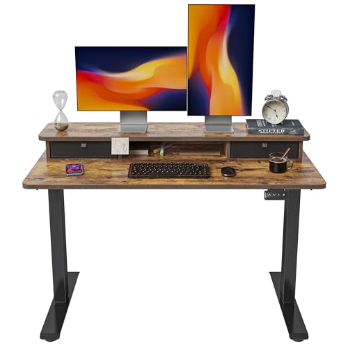 FEZIBO Höhenverstellbarer Elektrischer Stehtisch mit Doppelschublade, 120 x 60 cm Heimbüro Schreibtisch mit Ablagefach, Sitz-Steh-Schreibtisch Computerarbeitsplatz, Rustikal Braun Oberfläche von FEZIBO