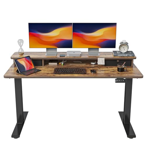 FEZIBO Höhenverstellbarer Elektrischer Stehtisch mit Doppelschublade, 140 x 60 cm Heimbüro Schreibtisch mit Ablagefach, Sitz-Steh-Schreibtisch Computerarbeitsplatz, Rustikal Braun Oberfläche von FEZIBO