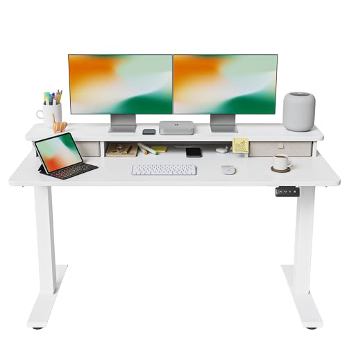 FEZIBO Höhenverstellbarer Elektrischer Stehtisch mit Doppelschublade, 140 x 60 cm Stehtisch mit Ablage, Sitz-Steh-Schreibtisch mit Verbindungsplatte, Weißer Rahmen/Weiße Oberfläche von FEZIBO