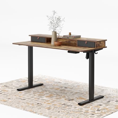 FEZIBO Höhenverstellbarer Elektrischer Stehtisch mit KOMPLETTER TISCHPLATTE, 140 x 60 cm Sitz-Steh-Schreibtisch mit Doppelschubladen, Schwarzer Rahmen/Rustikal Braun Oberfläche von FEZIBO