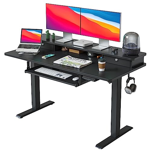 FEZIBO Höhenverstellbarer Elektrischer Stehtisch mit Tastaturablage, 140 x 60 cm Stehtisch mit Ablage, Sitz-Steh-Schreibtisch, Schwarze Oberfläche von FEZIBO