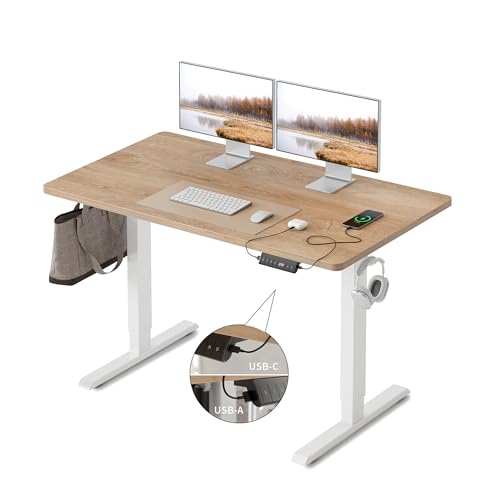 FEZIBO Höhenverstellbarer Schreibtisch EINTEILIGER Tischplatte, 100 x 60 cm Schreibtisch Höhenverstellbar mit USB-A und USB-C-Ladeanschlüssen, Steh-Sitz Tisch für Heimbüro, Standing Desk, Eiche von FEZIBO