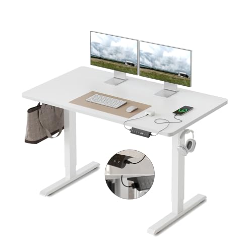 FEZIBO Höhenverstellbarer Schreibtisch EINTEILIGER Tischplatte, 100 x 60 cm Schreibtisch Höhenverstellbar mit USB-A und USB-C-Ladeanschlüssen, Steh-Sitz Tisch für Heimbüro, Standing Desk, Weiß von FEZIBO