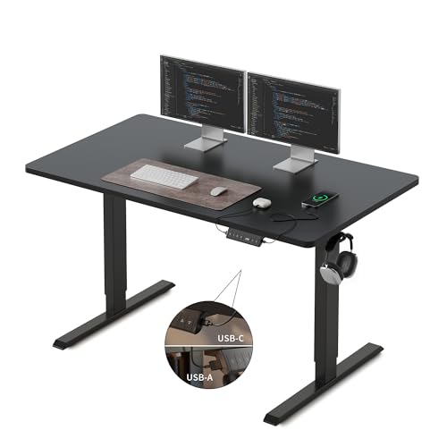 FEZIBO Höhenverstellbarer Schreibtisch EINTEILIGER Tischplatte, 120 x 60 cm Schreibtisch Höhenverstellbar mit USB-A und USB-C-Ladeanschlüssen, Steh-Sitz Tisch für Heimbüro, Standing Desk, Schwarz von FEZIBO