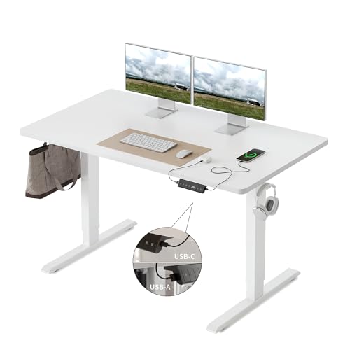FEZIBO Höhenverstellbarer Schreibtisch EINTEILIGER Tischplatte, 120 x 60 cm Schreibtisch Höhenverstellbar mit USB-A und USB-C-Ladeanschlüssen, Steh-Sitz Tisch für Heimbüro, Standing Desk, Weiß von FEZIBO