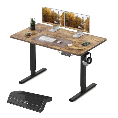 FEZIBO Höhenverstellbarer Schreibtisch mit USB-A und USB-C-Ladeanschlüssen, 120 x 60 cm Schreibtisch Höhenverstellbar Elektrisch, Ergonomischer Steh-Sitz Tisch für Heimbüro, Standing Desk, Braun von FEZIBO