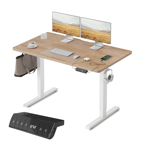 FEZIBO Höhenverstellbarer Schreibtisch mit USB-A und USB-C-Ladeanschlüssen, 120 x 60 cm Schreibtisch Höhenverstellbar Elektrisch, Ergonomischer Steh-Sitz Tisch für Heimbüro, Standing Desk, Eiche von FEZIBO