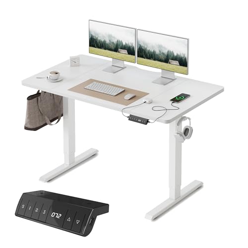 FEZIBO Höhenverstellbarer Schreibtisch mit USB-A und USB-C-Ladeanschlüssen, 120 x 60 cm Schreibtisch Höhenverstellbar Elektrisch, Ergonomischer Steh-Sitz Tisch für Heimbüro, Standing Desk, Weiß von FEZIBO
