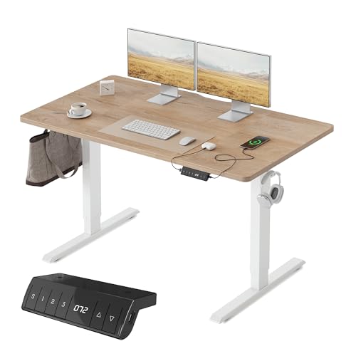 FEZIBO Höhenverstellbarer Schreibtisch mit USB-A und USB-C-Ladeanschlüssen, 140 x 70 cm Schreibtisch Höhenverstellbar Elektrisch, Ergonomischer Steh-Sitz Tisch für Heimbüro, Standing Desk, Eiche von FEZIBO