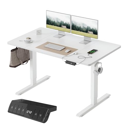 FEZIBO Höhenverstellbarer Schreibtisch mit USB-A und USB-C-Ladeanschlüssen, 140 x 70 cm Schreibtisch Höhenverstellbar Elektrisch, Ergonomischer Steh-Sitz Tisch für Heimbüro, Standing Desk, Weiß von FEZIBO