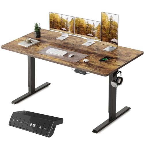 FEZIBO Höhenverstellbarer Schreibtisch mit USB-A und USB-C-Ladeanschlüssen, 160 x 80 cm Schreibtisch Höhenverstellbar Elektrisch, Ergonomischer Steh-Sitz Tisch für Heimbüro, Standing Desk, Braun von FEZIBO