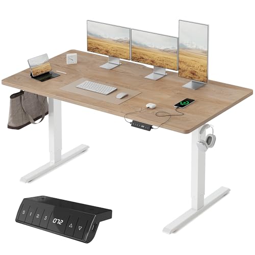 FEZIBO Höhenverstellbarer Schreibtisch mit USB-A und USB-C-Ladeanschlüssen, 160 x 80 cm Schreibtisch Höhenverstellbar Elektrisch, Ergonomischer Steh-Sitz Tisch für Heimbüro, Standing Desk, Eiche von FEZIBO