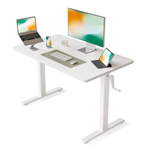 FEZIBO Kurbel höhenverstellbarer Schreibtisch, 105 x 66 cm Manuelles Stehpult, Schreibtisch mit Griff, Home Office Desk，Weiß Rahmen/Weiß Tischplatte von FEZIBO