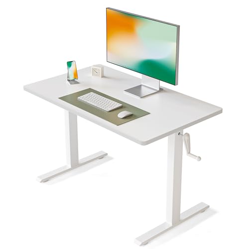 FEZIBO Kurbel höhenverstellbarer Schreibtisch, 85 x 63 cm Manuelles Stehpult, Schreibtisch mit Griff, Home Office Desk，Weiß Rahmen/Weiß Tischplatte von FEZIBO