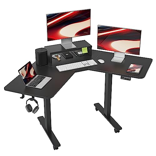 FEZIBO Einzelmotor L-förmiger Elektrischer Stehschreibtisch, 120 cm Steh-Ecke-Schreibtisch mit monitorständer, Schwarz Rahmen/Schwarze Tischplatte von FEZIBO