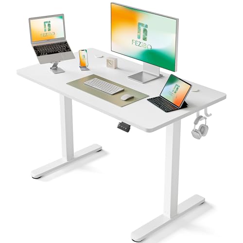 FEZIBO Schreibtisch Höhenverstellbar Elektrisch, 100 x 60 cm Computer Stehschreibtisch mit Memory-Steuerung und Anti-Kollisions Technologie, Mobiler Steh-Sitz-Schreibtisch Ergonomic Weiß Oberfläche von FEZIBO