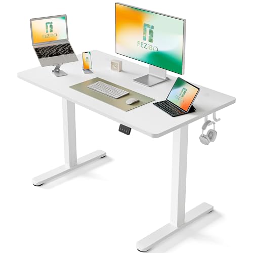 FEZIBO Schreibtisch Höhenverstellbar Elektrisch, 100 x 60 cm Computer Stehschreibtisch mit Memory-Steuerung und Anti-Kollisions Technologie, Mobiler Steh-Sitz-Schreibtisch Ergonomic Weiß Oberfläche von FEZIBO