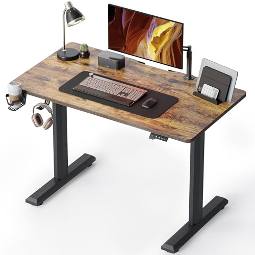 FEZIBO Schreibtisch Höhenverstellbar Elektrisch, 110 x 60 cm Stehschreibtisch mit Memory-Steuerung und Anti-Kollisions Technologie, Schwarz Rahmen/Rustikales Braun Tischplatte von FEZIBO