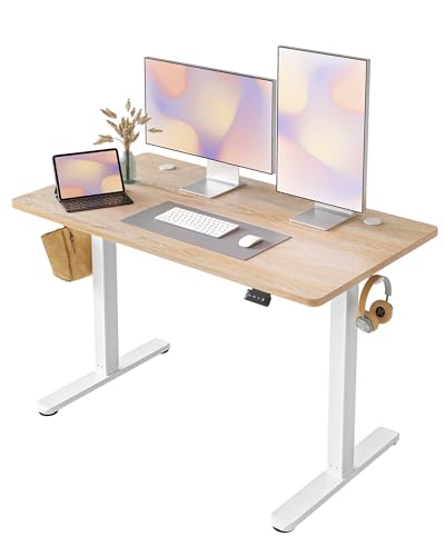 FEZIBO Schreibtisch Höhenverstellbar Elektrisch, 120 x 60 cm Stehschreibtisch mit Memory-Steuerung und Anti-Kollisions Technologie, Weißer Rahmen/Gefleckte Eichenholzfurnier Oberfläche von FEZIBO
