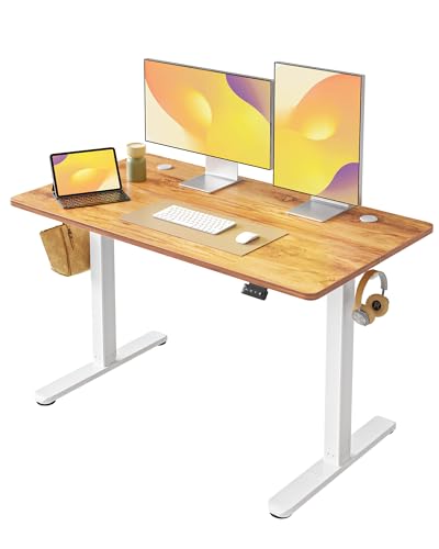 FEZIBO Schreibtisch Höhenverstellbar Elektrisch, 120 x 60 cm Stehschreibtisch mit Memory-Steuerung und Anti-Kollisions Technologie, Weißer Rahmen/Hellbraune Tischplatte von FEZIBO