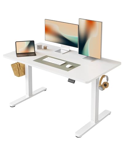 FEZIBO Schreibtisch Höhenverstellbar Elektrisch, 120 x 60 cm Stehschreibtisch mit Memory-Steuerung und Anti-Kollisions Technologie, Weißer Rahmen/Weiße Tischplatte von FEZIBO