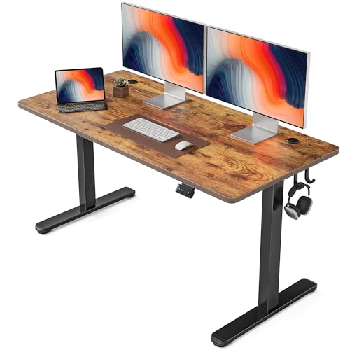 FEZIBO Schreibtisch Höhenverstellbar Elektrisch, 140 x 60 cm Computer Stehschreibtisch mit Memory-Steuerung und Anti-Kollisions Technologie, Schwarzer Rahmen/Braun Tischplatte von FEZIBO