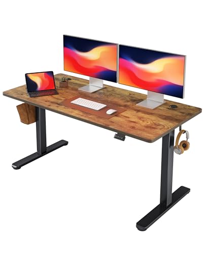 FEZIBO Schreibtisch Höhenverstellbar Elektrisch, 140 x 60 cm Stehschreibtisch mit Memory-Steuerung und Anti-Kollisions Technologie, Schwarzer Rahmen/Braun Tischplatte von FEZIBO