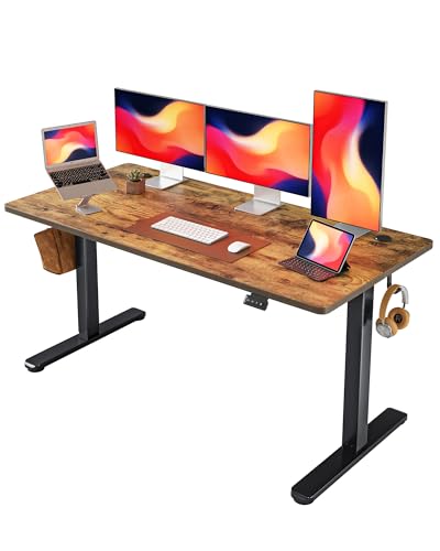 FEZIBO Schreibtisch Höhenverstellbar Elektrisch, 152 x 60 cm Stehschreibtisch mit Memory-Steuerung und Anti-Kollisions Technologie, Schwarzer Rahmen/Braun Tischplatte von FEZIBO