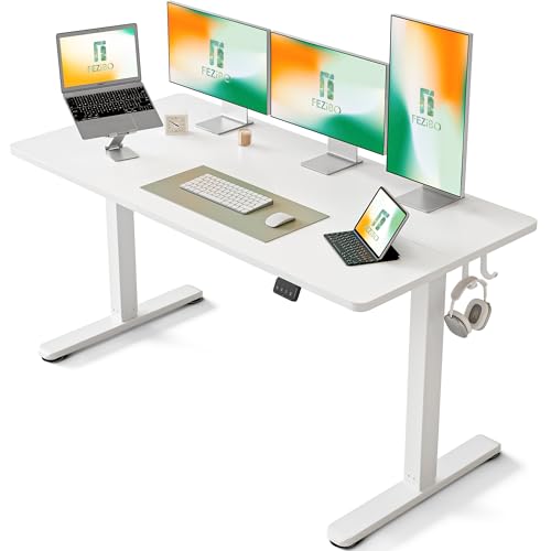 FEZIBO Schreibtisch Höhenverstellbar Elektrisch, 152 x 60 cm Stehschreibtisch mit Memory-Steuerung und Anti-Kollisions Technologie, Weiß Rahmen/Weiß Oberfläche von FEZIBO