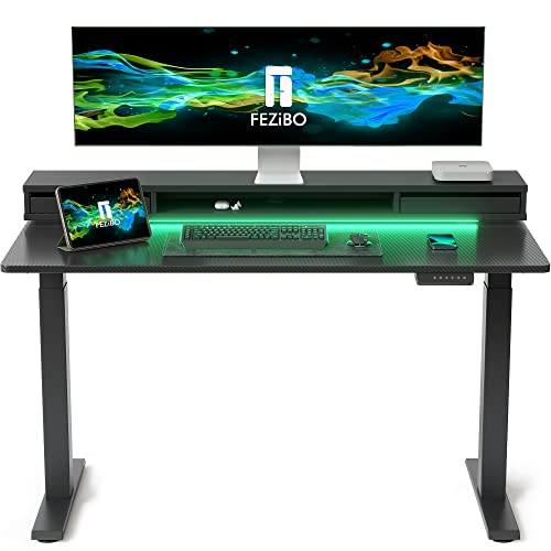 FEZIBO Schreibtisch Höhenverstellbar Elektrisch mit 2 Schubladen und LED Strip, 120 x 60 cm Stehtisch mit Memory-Steuerung, Stehpult Home Office, Antikollisionssystem, Schwarz von FEZIBO