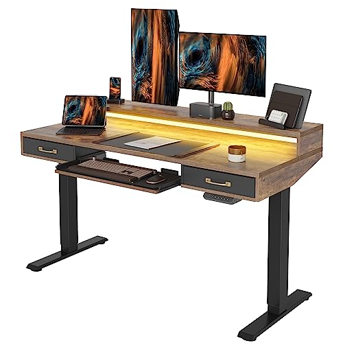 FEZIBO Stehtisch mit 2 Schubladen & Tastaturablage, 140 x 60 cm Sitz-Steh-Schreibtisch mit Monitorständer & LED-Streifen, Rustikal Braun von FEZIBO