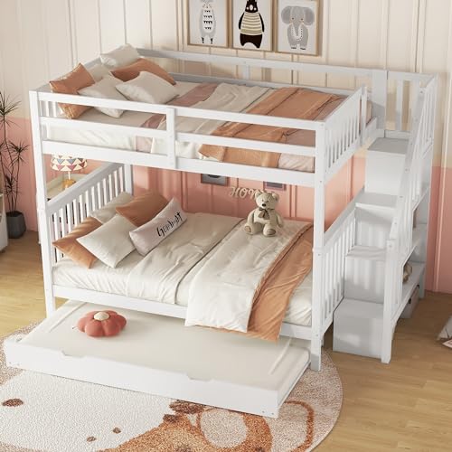 Etagenbett 140x200 mit Ausziehbett und Treppe, Kinderbett Hochbett für 3 Kinder, Jugendbett mit lattenrost und Rausfallschutz, Stockbett Funktionsbett, ohne Matratze (weiß mit Ausziehbett, 140x200) von FEZTOY