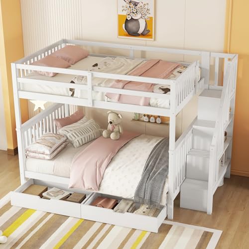 Etagenbett 140x200 mit Schubladen und Treppe, Kinderbett Hochbett für 2 Kinder, Jugendbett mit lattenrost und Rausfallschutz, Stockbett Funktionsbett, ohne Matratze (weiß mit Schubladen, 140x200) von FEZTOY