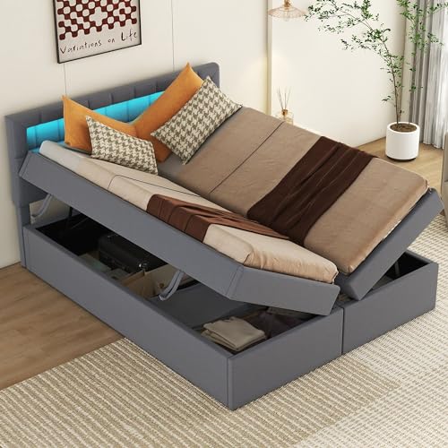 FEZTOY Boxspringbett 140x200 mit Bettkasten, LED Beleuchtung und Lattenrost - Polsterbett Stauraumbett Gepolstert Doppelbett Ohne Matratze (Grau, 140x200) von FEZTOY