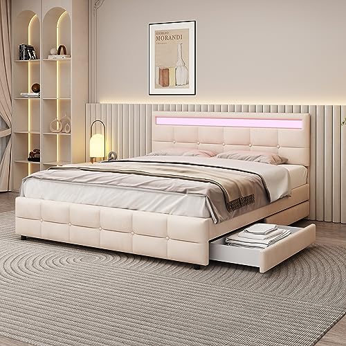 FEZTOY Doppelbett 180x200, Polsterbett mit 4 Schubladen, LED-Leuchten und höhenverstellbares Kopfteil, Bett Stauraumbett Polsterbett Rückenlehne Bett, Samtstoff, ohne Matratze (Beige-L) von FEZTOY