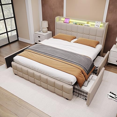 FEZTOY Doppelbett 180x200cm, Polsterbett Stauraum-Kopfteil Bett mit Aufladen USB und 4 Schubladen, Jugendbett Stauraumbetten Bettgestell,Beige,Ohne Matratze von FEZTOY