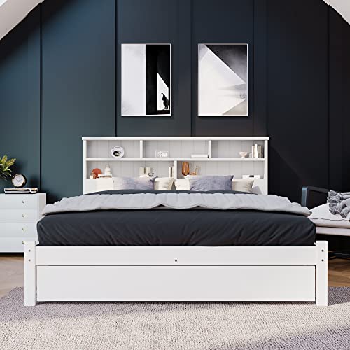 FEZTOY Doppelbett mit Schrank, 2022 Neu jugendbett mit Bücherregal & Unterbettschublade, weiß Bett mit Regalwand, Funktionsbett, Kinderbett, Jugendbett, Bettliege (140x200CM) von FEZTOY